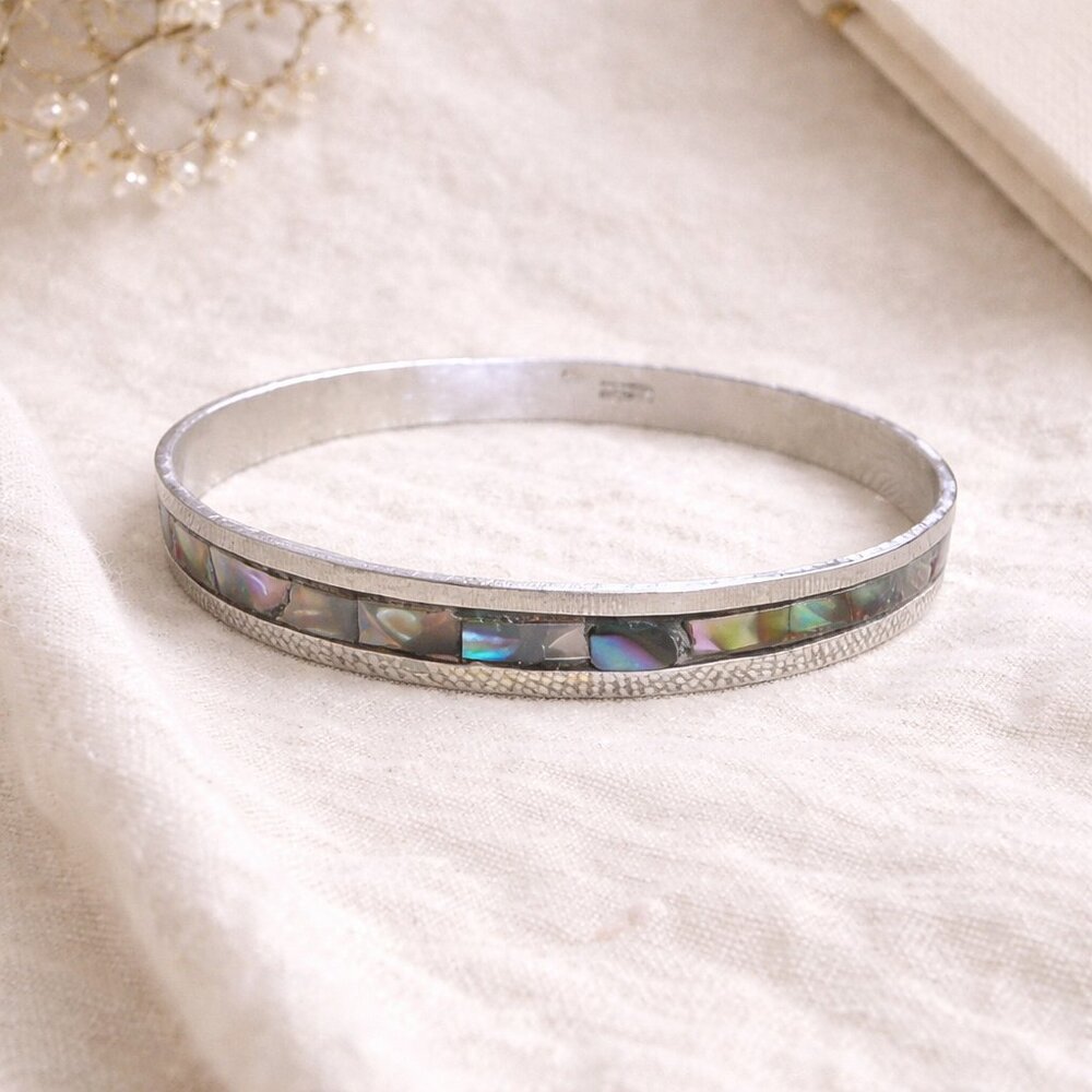 Abalone Shell Inlay Sterling Silver Round Bangle Bracelet Mexico Vintage - Picture 3 of 9